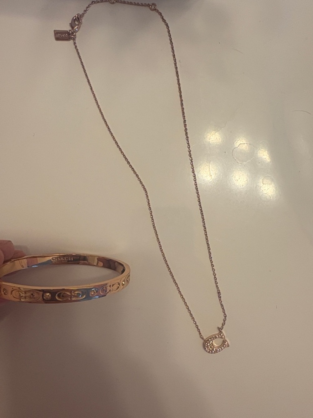 Coach Rose Gold Pavé 'D' Pendant Necklace with Matching Bangle